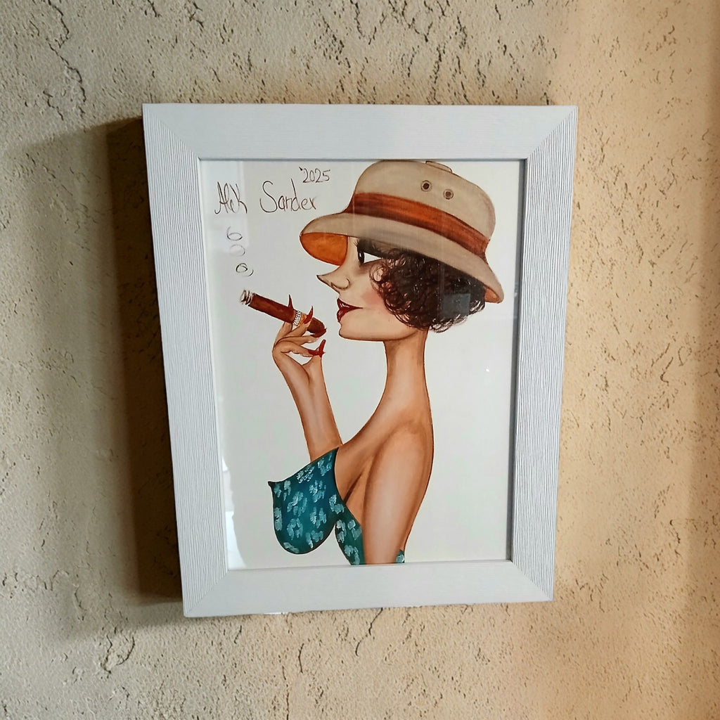 Madame Cohiba Mit Tropenhelm In Casablanca – Dipinto Originale di Alek Sander