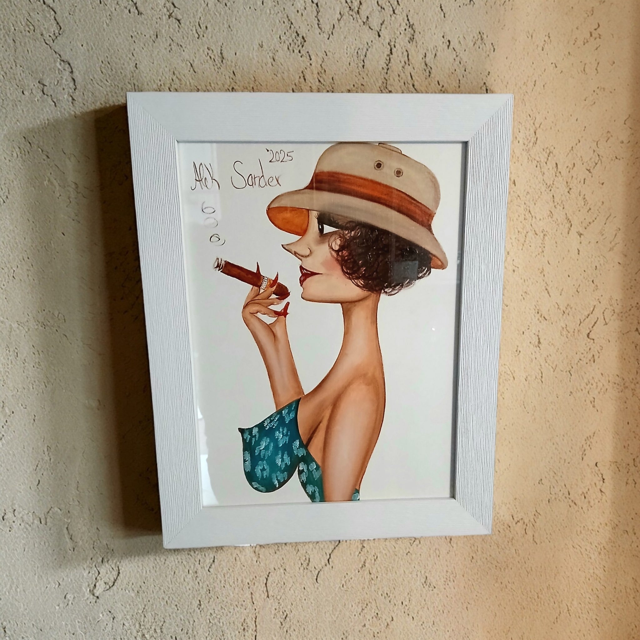 Madame Cohiba Mit Tropenhelm In Casablanca – Dipinto Originale di Alek Sander